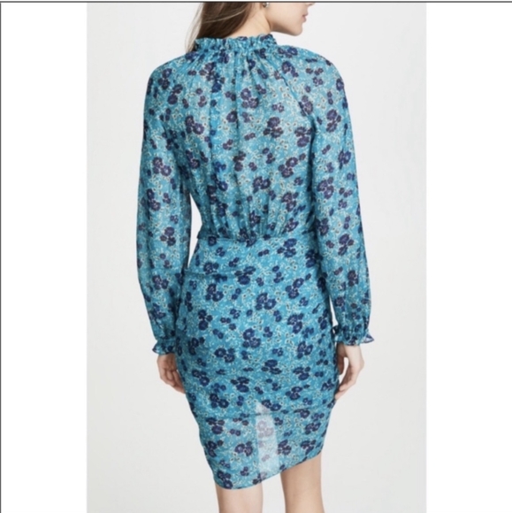 VERONICA BEARD Turquoise Blue Floral Print BECKY Silk Ruffle Ruched Dress - Picture 4 of 16